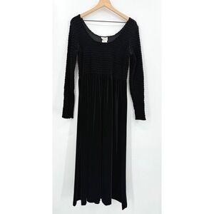 Vintage Velvet Dress XL Black Maxi Long Sleeve Black Smocked Witchy Goth 90s USA